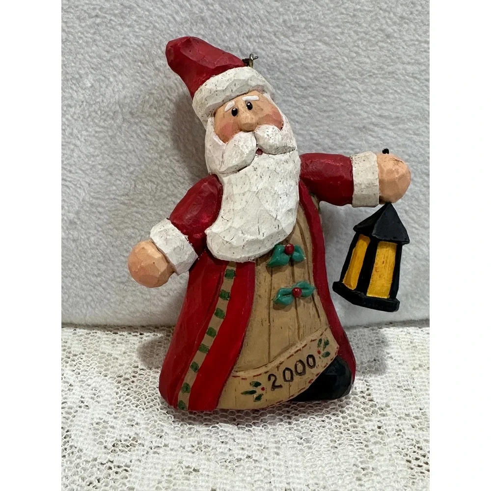 Vintage 2000 Santa‎ Claus Christmas Ornament Lantern Rustic Wood Carving